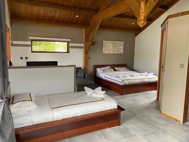 Intérieur du bungalow : lit double et lit simple, charpente bois apparente, grands volumes clairs
